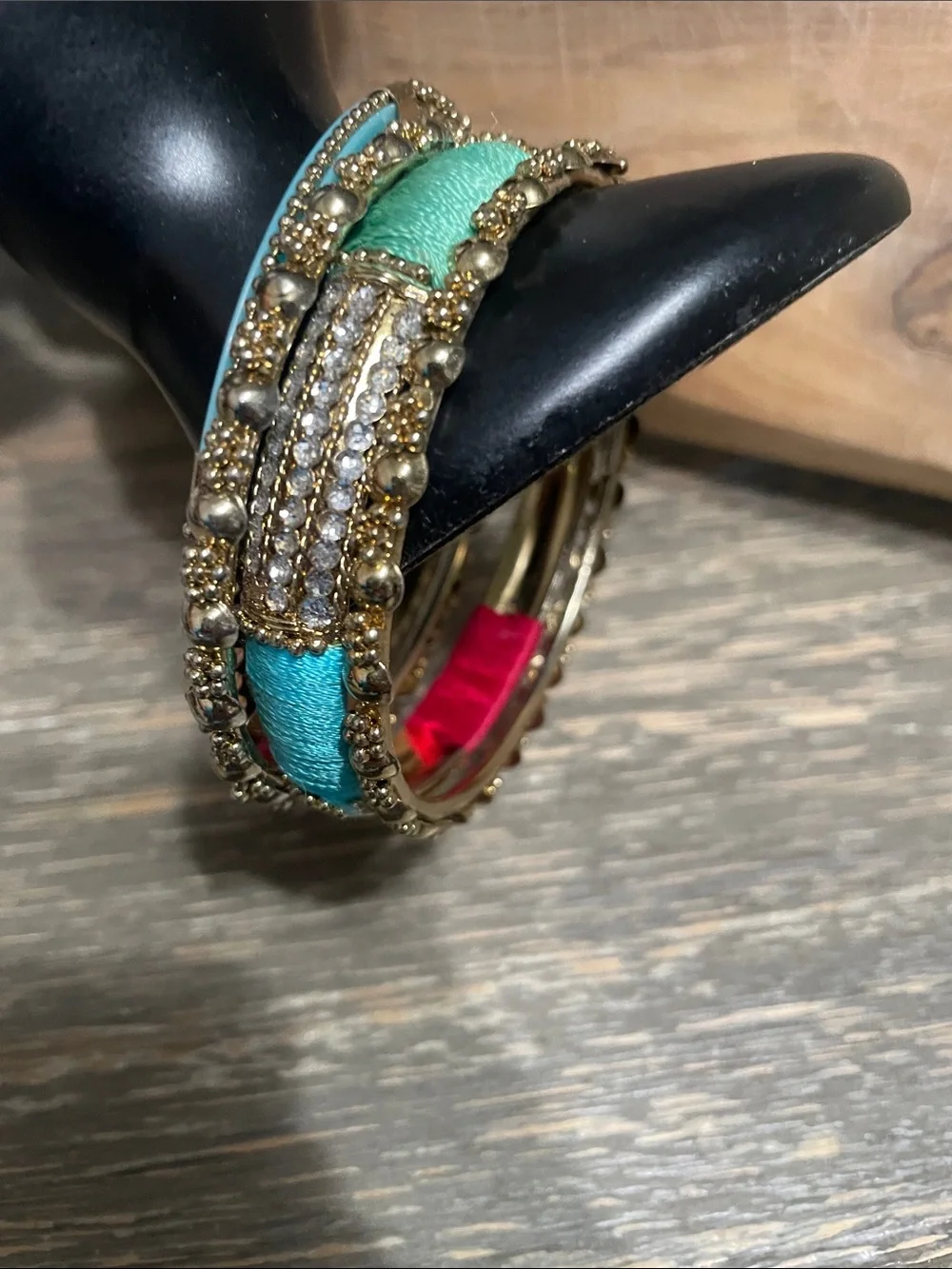 Gold Tone Multi-Color Bangle Set with Turquoise and Red Accents